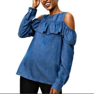 LOFT Ruffle Chambray Cold Shoulder Shirt